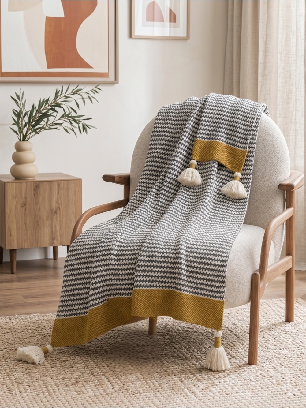 NEW Anthro Chevron Stripe Boho Tassel Pom Pom Knit Throw Blanket Bedding 48 x 60